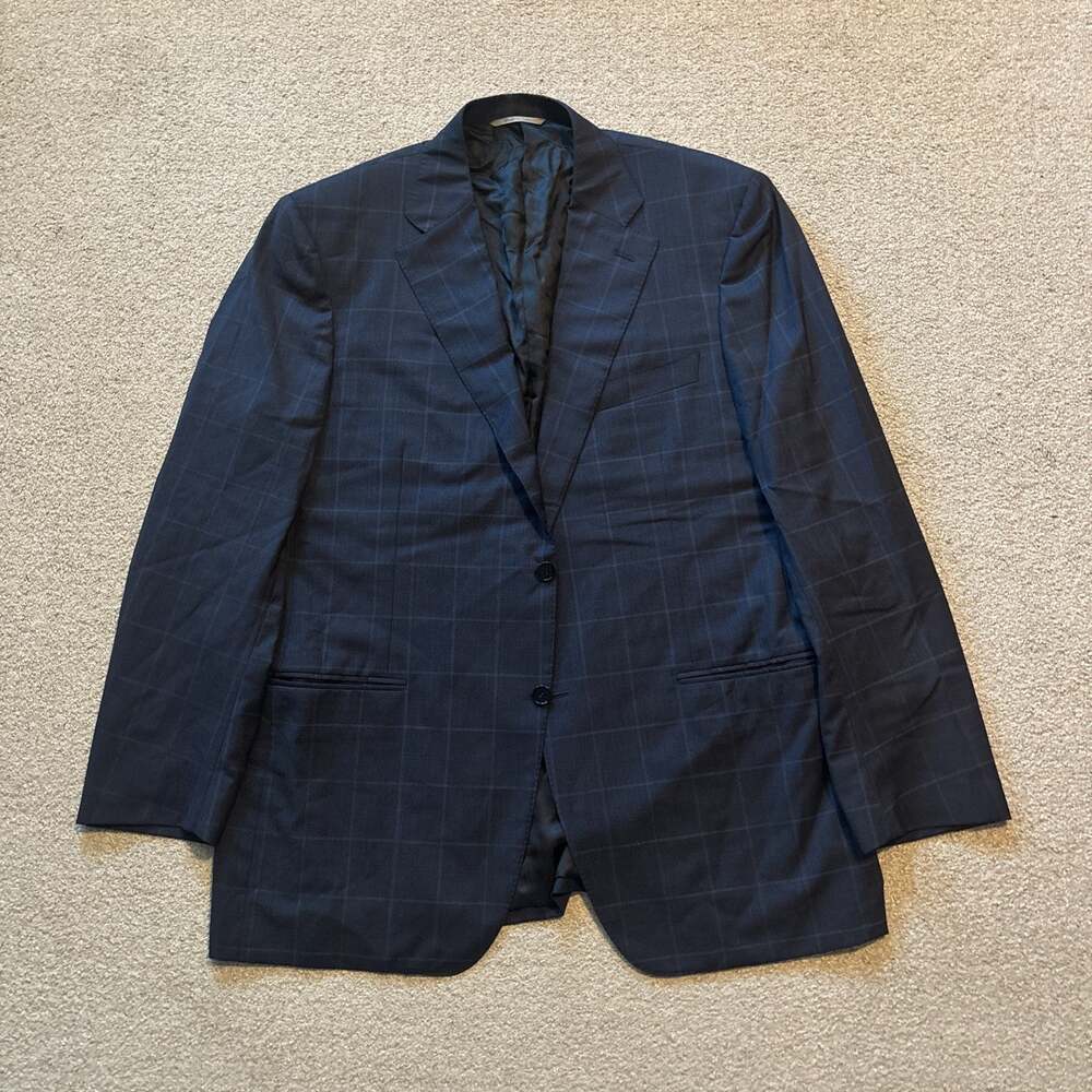Canali Blue Windowpane Plaid Wool Blazer IT 54 Single-Breasted 2-Button Italy